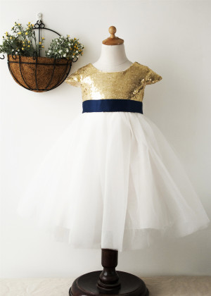 Cap Sleeves Gold Sequin Ivory Tulle Short Flower Girl Dress